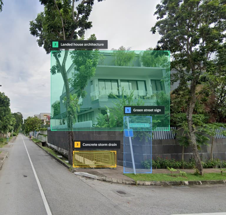 AI highlights a street sign, house architecture, and storm drain in a Singapore Street View scene