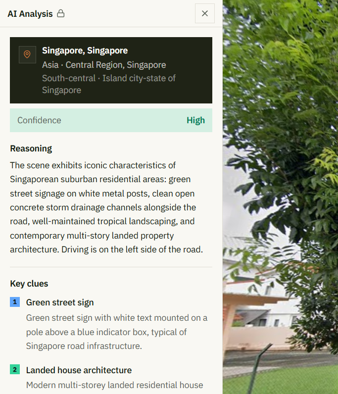AI Analysis sidebar guessing Singapore with high confidence, reasoning, and key clues from the Street View scene