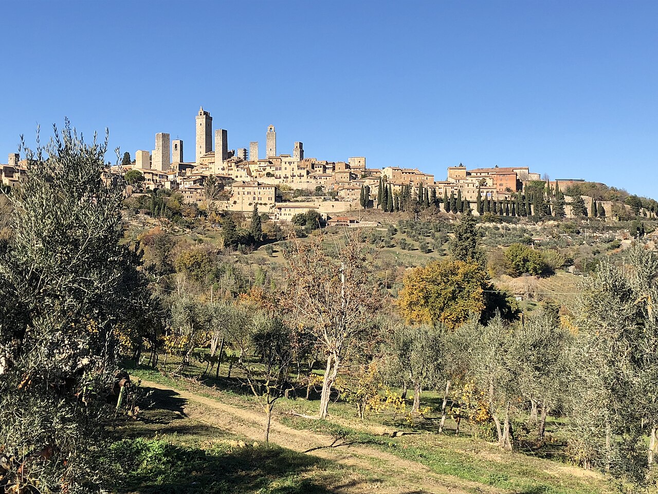 Hilltop village with stone towers in Tuscany, Italy — dense European settlement pattern